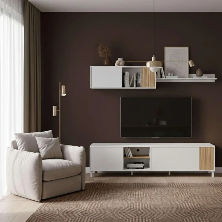 Habitdesign, Wohnzimmermöbel mit großem Stauraum, 5 Drehtüren und 1 Klapptür, in Artik weiß und Natur, moderner Stil für Esszimmer, Maße: 200 x 47 x 40 cm (B x H x T), Modell Ethna – Bild 5