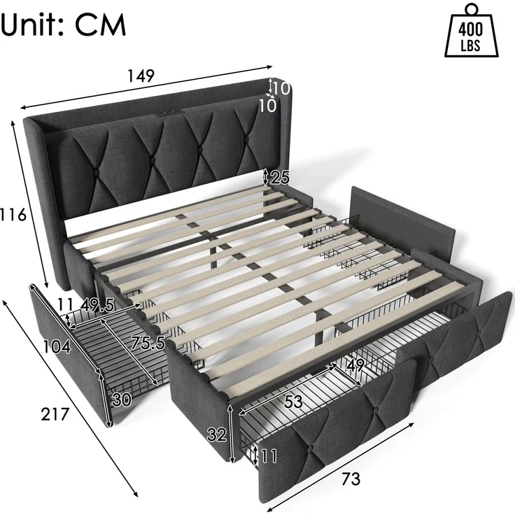Polsterbett 140×200 cm aus Leinen-Stoff mit USB-Anschluss, vier Schubladen und Matratze, grau – Bild 4