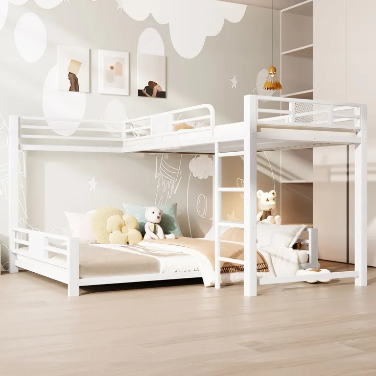L-förmiges Metall-Etagenbett 90x200 über 140x200, Weiß