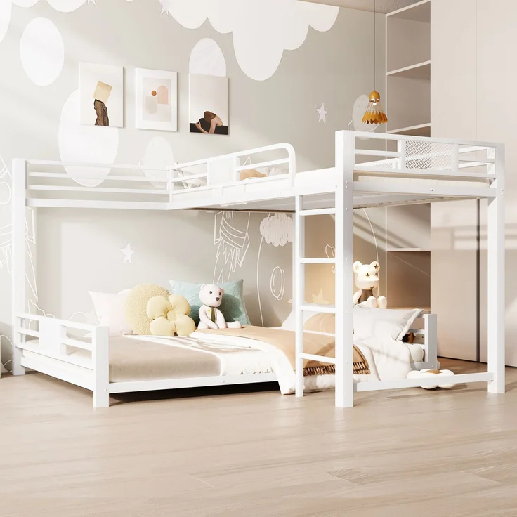 L-förmiges Metall-Etagenbett 90x200 über 140x200, Weiß – Bild 1