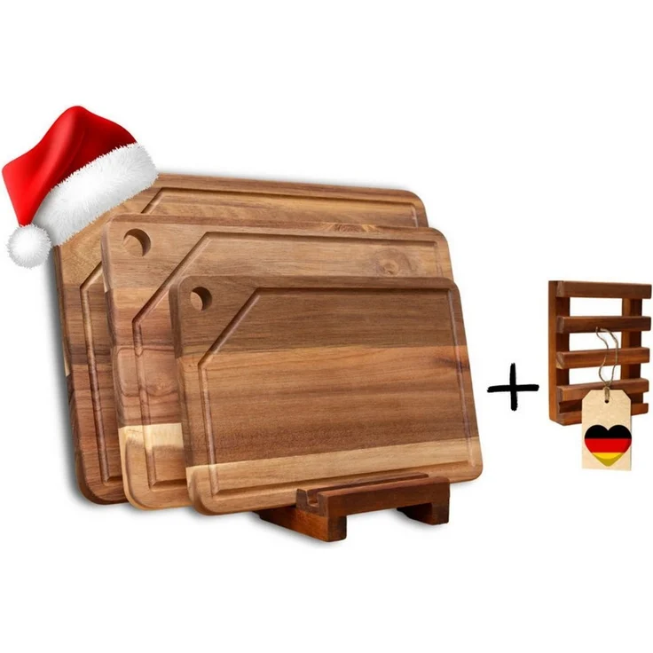 PEGSEN Schneidebrett 3er Set Küchenbretter aus Holz mit praktischen Brettständer, Akazie, (Set, 4-St, mit Handyhalterung), mit praktischen Ständer und Tablet - und Handyhalterung – Bild 5