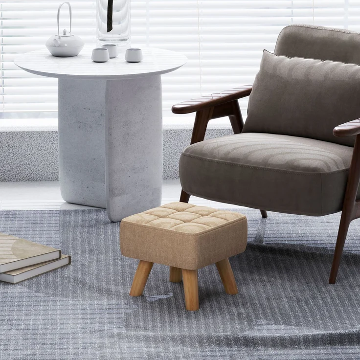 Fußhocker für das Wohnzimmer, gepolsterter Sitz aus Stoff mit Holzbeinen, 27 x 27 x 26 cm, hellbraun – Bild 9