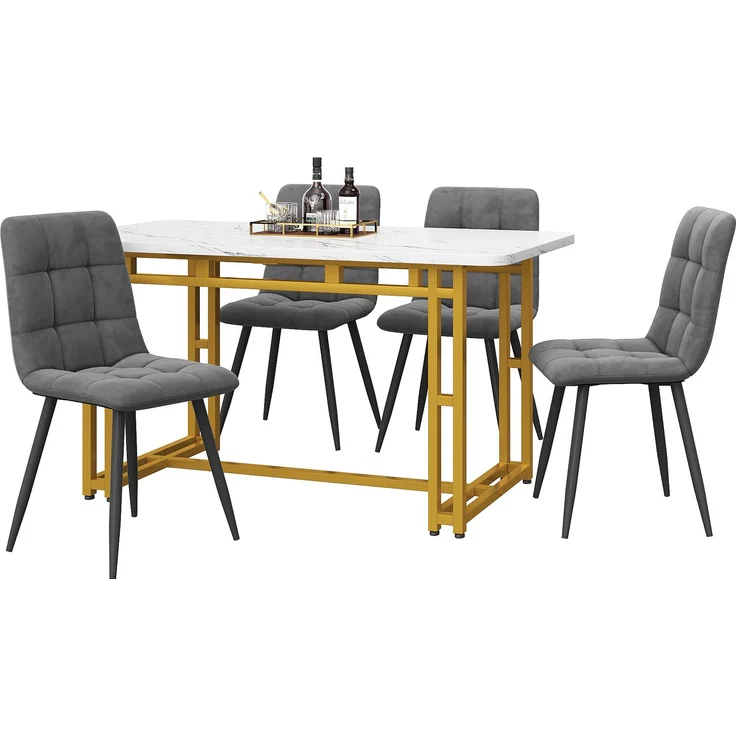Esszimmer-Set 5-teilig mit Tisch 120x70 cm & 4 Grau Samtstühlen, Gold-Metallbeine,für Esszimmer und Wohnzimmer – Bild 3