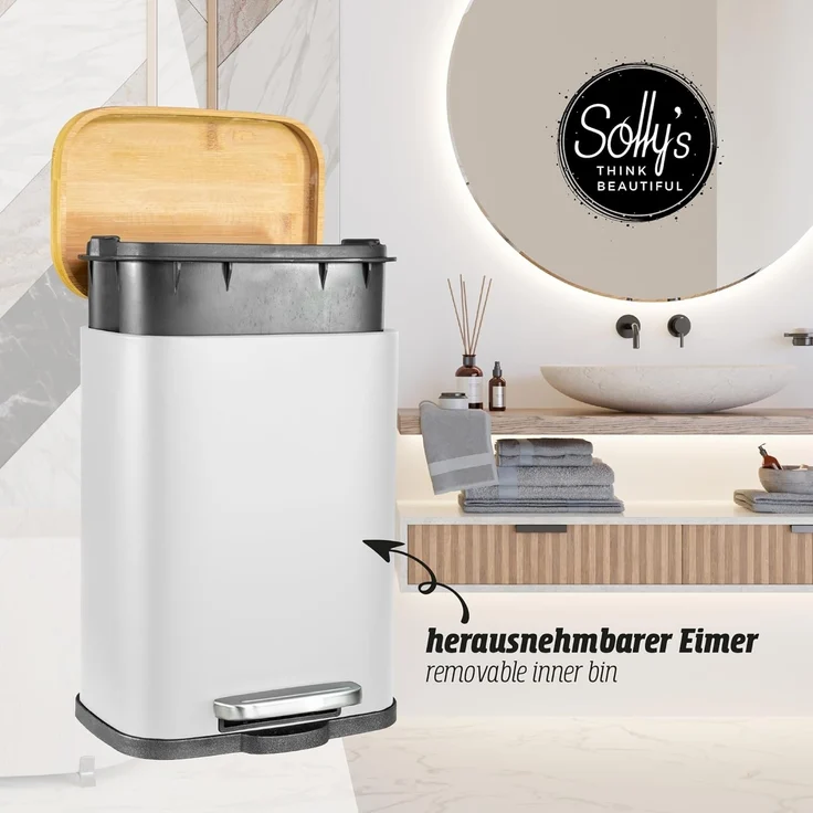 5L Kosmetikeimer Bambus Deckel Bad Treteimer mit Absenkautomatik Mülleimer – Bild 3