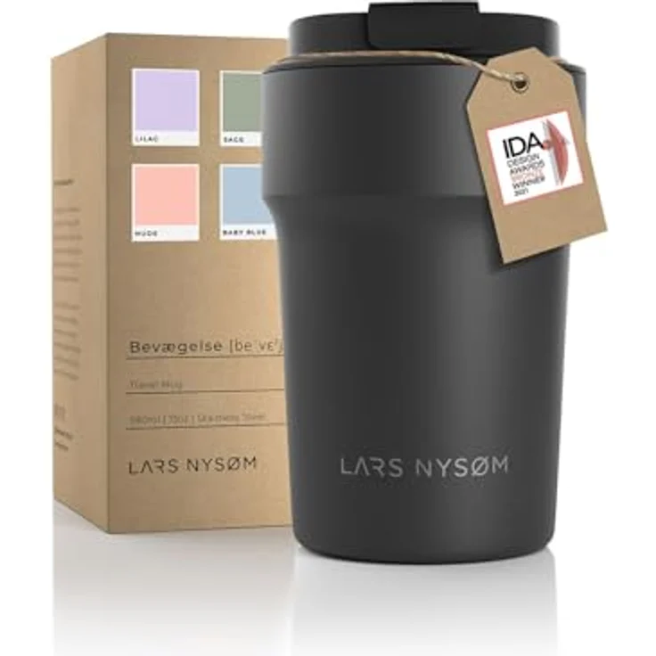 LARS NYSØM Thermo Kaffeebecher to go 380ml | Travel Mug 0,38 Liter mit Isolierung | Auslaufsicherer Edelstahl Thermobecher für Kaffee und Tee unterwegs | Teebecher in Carbon Black, 380ml – Bild 1