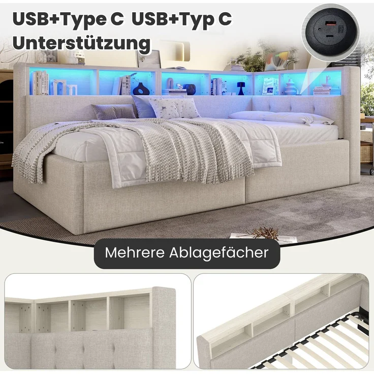 Stauraumbett mit LED-Beleuchtung, Lattenrost, Stauraum, Regal, USB und Type-C Anschlüssen, 90x200cm, Polsterbett, Einzelbett, Schlafsofa, Leinen – Bild 6