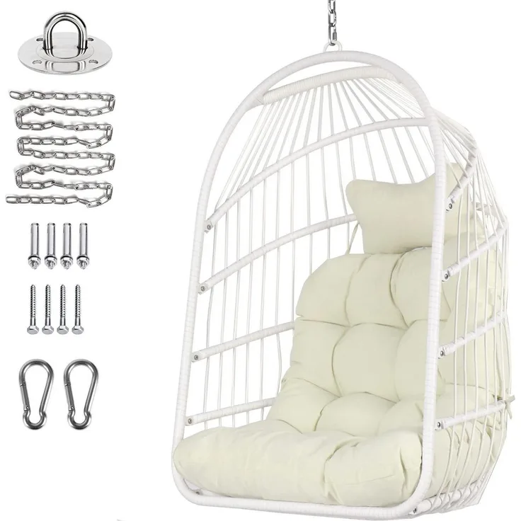 Hängesessel Korb Rattan Kettenglied Edelstahl Kissen Balkon Weiß stuhl