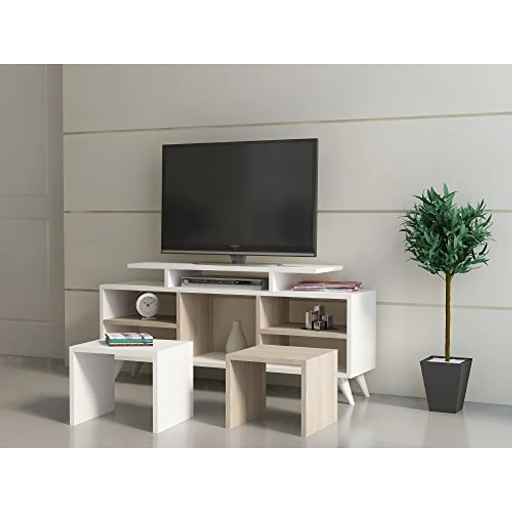 Hanah Home Modern TV Unit with Wall-Mount Option, White & Cordoba, 120 cm | 100% Melamine Coated, 18 mm Thick | Includes 2 Stylish Coffee Tables & Multiple Shelves – Bild 2