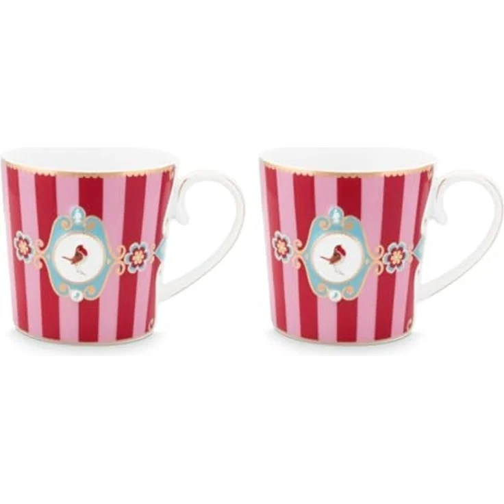 PiP Studio Becher Love Birds Medallion Stripes Red-Pink Henkelbecher Small 0,15l Set2, Porzellan – Bild 2