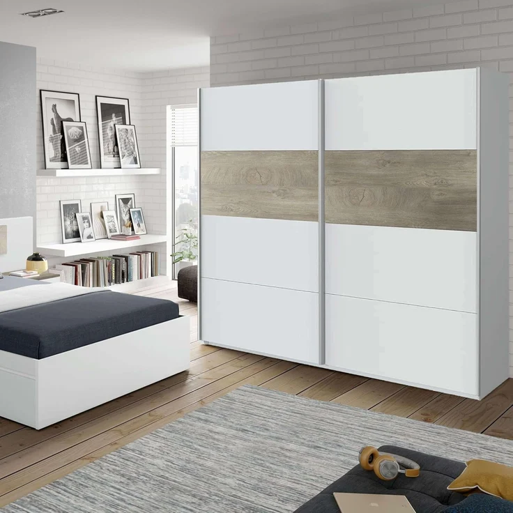 Habitdesign, Kleiderschrank– Schwebetürenschrank mit 2 Schiebetüren für Schlafzimmer, viel Stauraum in Arkit weiß und Alaska-Eiche, Maße: 180 x 200 x 60 cm (B x H x T), Modell Aikos – Bild 7