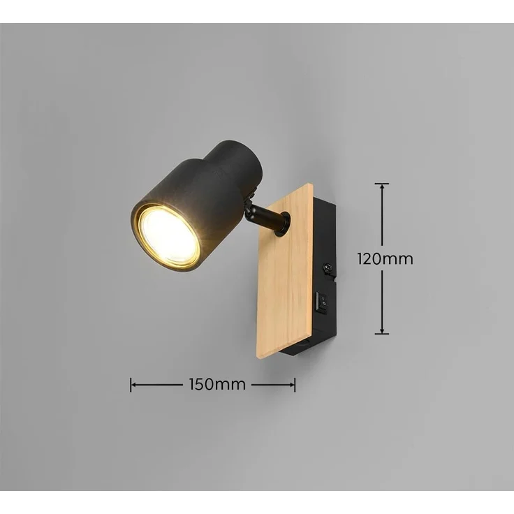Wandstrahler PIERRE mit Schalter, Metall Schwarz & Holz, Breite 6cm – Bild 9