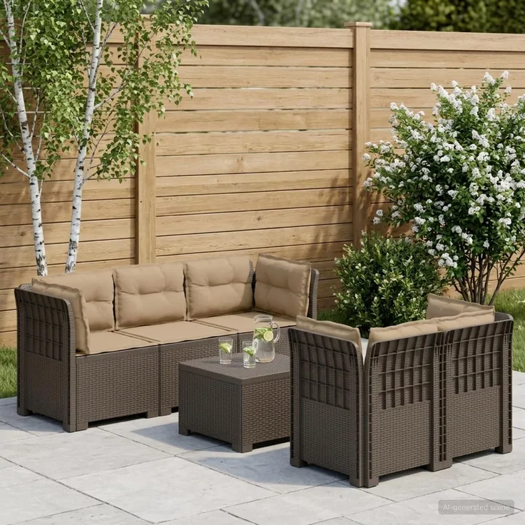 vidaXL 5-Sitzer Gartensofa mit Kissen Rattan-Look PP Hellgrau 3443920