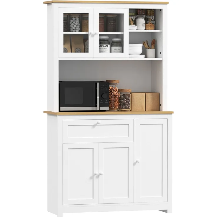 MELAYR, Küchenschrank im Landhausstil, 1 Vitrine, 1 offenes Regal, 1 Schublade, 2 Schränke, 100 x 40 x 180 cm, Weiß