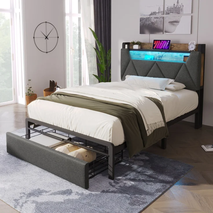 Polsterbett Leinen mit Stauraum-Kopfteil, LED & USB-Anschluss, Schublade, 91x217x110 cm, Grau, ohne Matratze – Bild 5