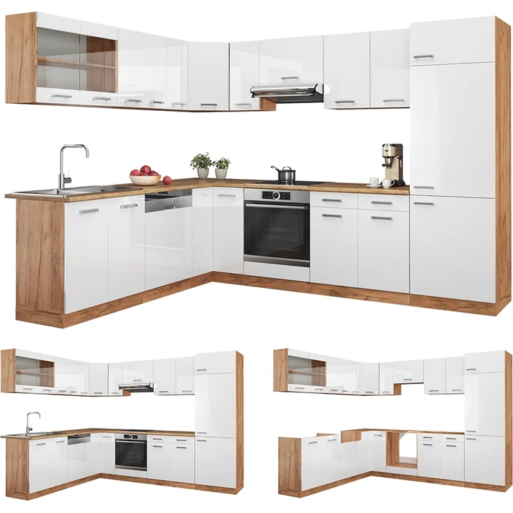 Eckküche R-Line Weiß Hochglanz/Goldkraft Eiche 287 x 227 cm, AP Eiche Vicco – Bild 6