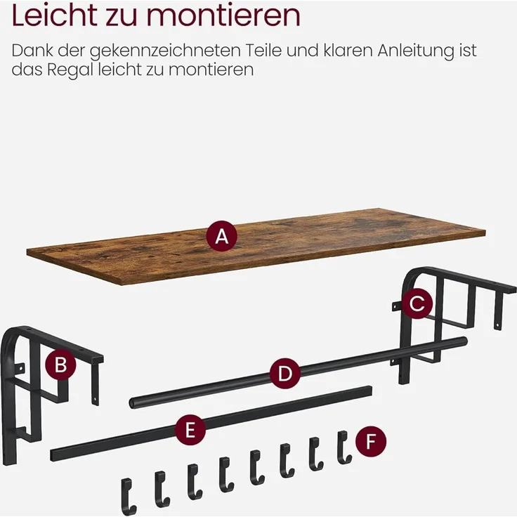 Vasagle Wandgarderobe mit Ablage und 5 abnehmbaren Haken, Holz vintagebraun-schwarz, 80 x 30 x 27 cm – Bild 6