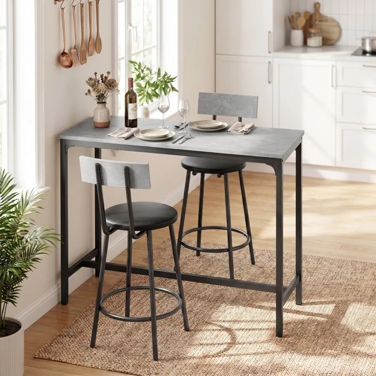 Bartisch-Set 100x40x90,5 cm in Grau mit 2 gepolsterten Barhockern