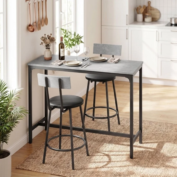Bartisch-Set 100x40x90,5 cm in Grau mit 2 gepolsterten Barhockern – Bild 1