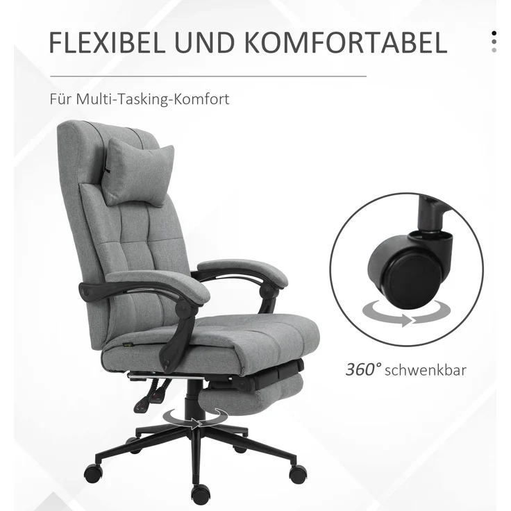 Bürostuhl Erogonomischer Schreibtischstuhl mit Liegefunktion, Kopfkissen, Armlehne, höhenverstellbarer Drehstuhl mit Fußstütze Leinenoptik Hellgrau--Hellgrau--120x76x66cm--YOUDENOVA – Bild 8
