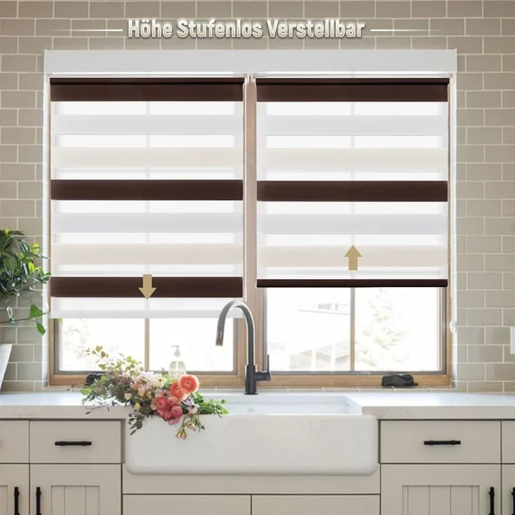 Deswell Doppelrollo Klemmfix ohne Bohren Weiß-beige-braun B45 x H130 cm (Stoffbreite 41cm) Rollos für Fenster ohne Bohren für Fenster mit Lichtdurchlässig & Verdunkelnd/Höhe Stufenlos Verstellbar – Bild 2