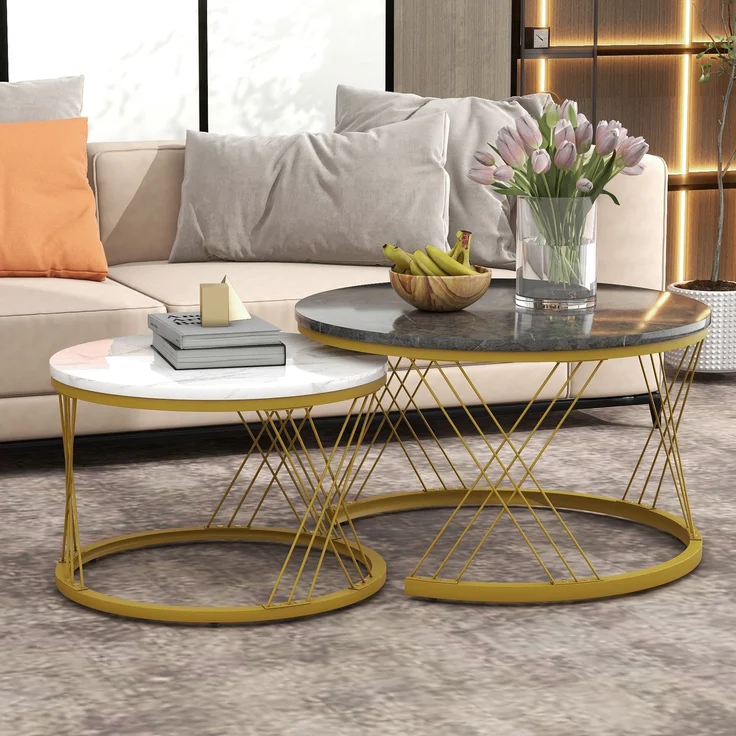 Nesting Couchtisch Set marmoroptik, 2-teilig, 70/45x70/45 cm, grau+gold – Bild 1