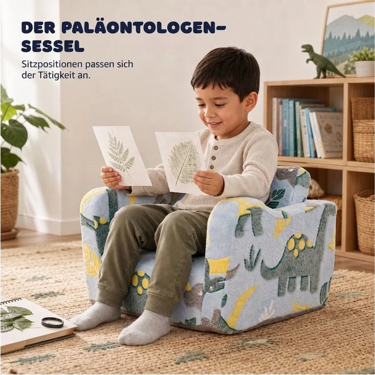 Jiexi Kindersofa Kindersofa ausklappbar Lammvlies Kindersessel Leuchtend Dino – Bild 4
