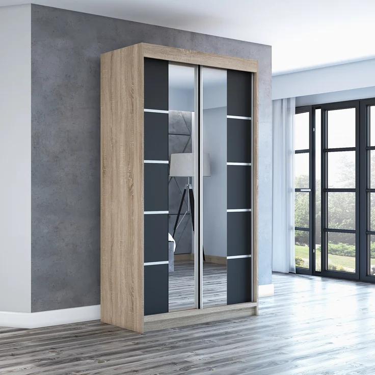 Schwebetürenschrank ERA 2-türig Schrank 120 cm (mit Spiegel) Farbe: Sonoma , schwarz – Bild 2