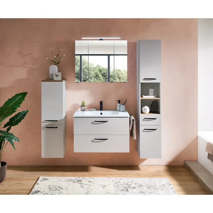 Saphir Badmöbel-Set Quickset 500, Waschtischunterschrank mit Waschtisch und Spiegelschrank, (3-St), mit Waschtischunterschrank,Mineralmarmor-Waschtisch und Spiegelschrank