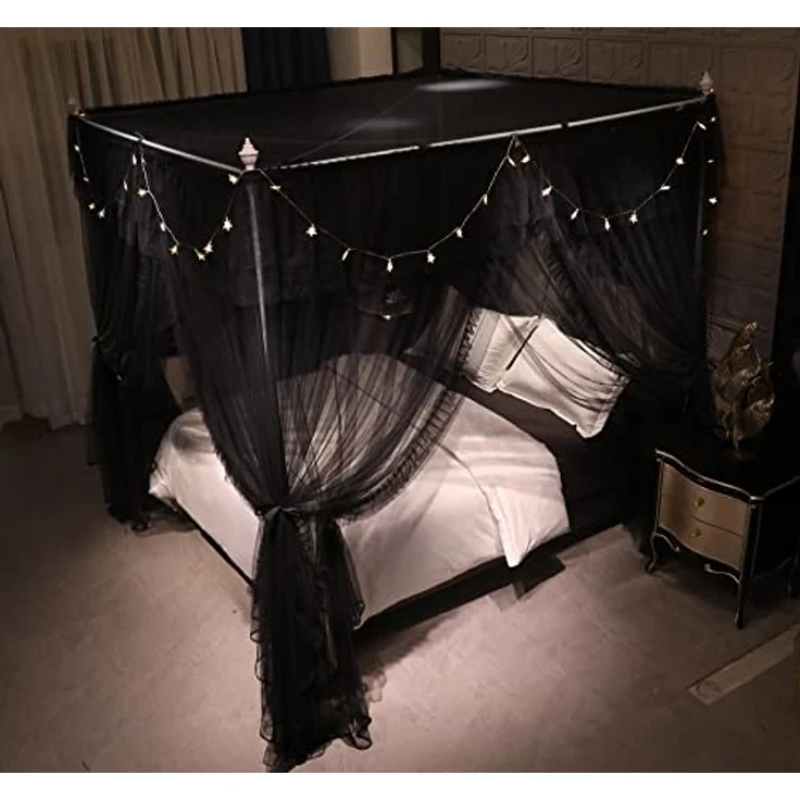 VETHIN 4 Ecken Pfosten Rüschen Prinzessin Bett Baldachin Vorhang, doppellagig, gemütlich, schwarz, 162.6 cm Bx208.3 cm Lx208.3 cm H/Q ueen – Bild 6