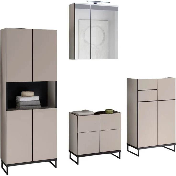 moebel-dich-auf Badmöbel-Set VENEZIA, (inklusive LED-Beleuchtung, kaschmir Spiegelschrank WBU optional mit Hoch-/Highboard), Metall Füße – Bild 2