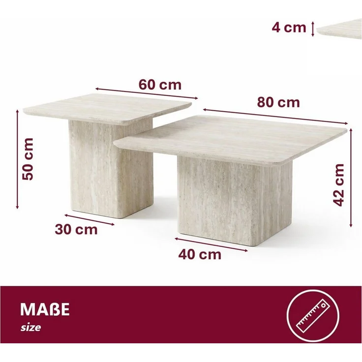 HOOZ Couchtisch Wohnzimmertisch rund 2er Set quadratisch Traventin-Optik Kalk 80&60cm (Set, 2× Satztisch), Sofatisch mit geometrischem Gestell – stabil & pflegeleicht – Bild 4