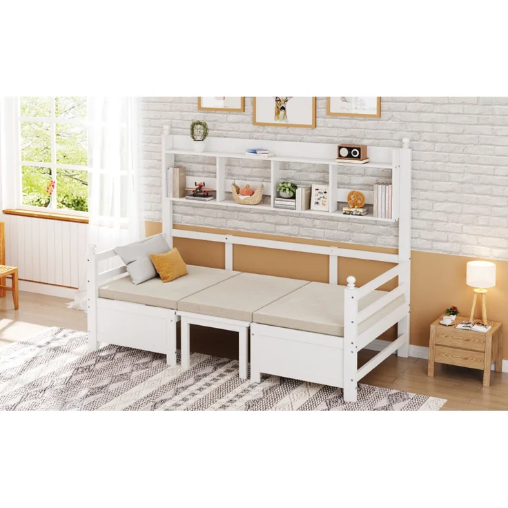 Merax Daybett Multifunktionales Massivholz Schlafsofa 200x90 cm, 2-in-1 Bett und Schreibtisch, Frei Umbaubar, Mit Bücherregal Zur Aufbewahrung, Mit Bequemen Kissen, Gästebett Einzelholzbett, Weiß – Bild 5