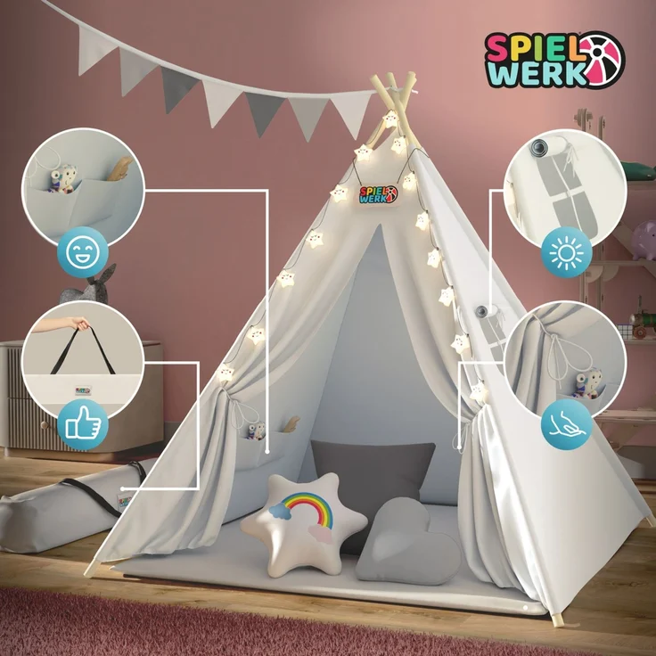 Spielwerk Kindertipi mit Lichterkette, Bodenmatte & Kissen, Baumwolle weiß, 120 x 120 x 160 cm – Bild 4