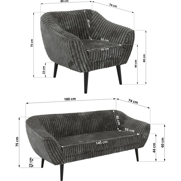 Wohnzimmerset, Möbelset PIRS 3-3-1, Armlehnen, Wellenfederung, schwarze Füße, Dreisitzer Sofas mit Sessel, Polstermöbel Set - Grau Cord – Bild 5