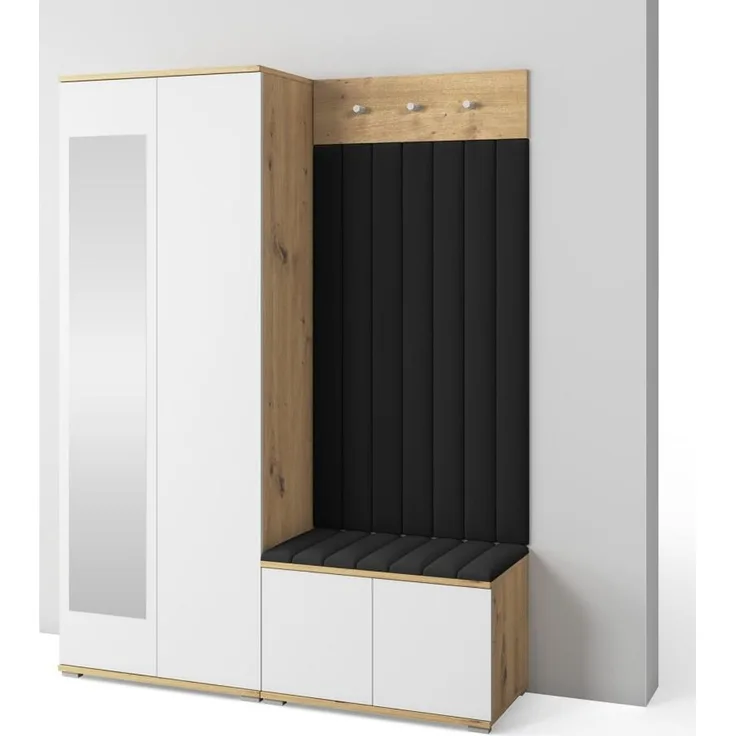 Garderoben-Set Aura Version 7: Kleiderschrank mit Polsterpaneelen, Schuhschrank Flur und Eingangsbereich (weiß/Artisan-Eiche /Trinity 16), 185 x 40 x 140 cm
