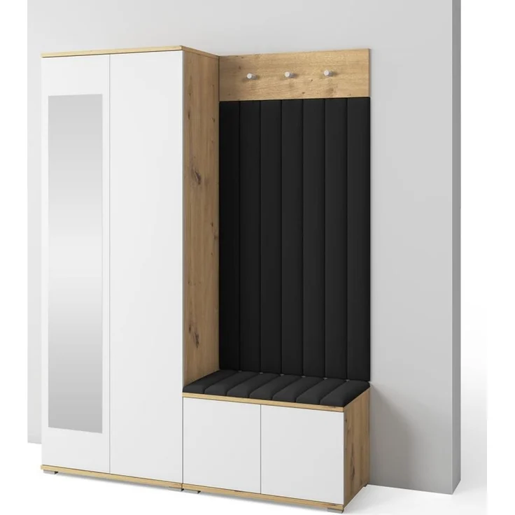 Garderoben-Set Aura Version 7: Kleiderschrank mit Polsterpaneelen, Schuhschrank Flur und Eingangsbereich (weiß/Artisan-Eiche /Trinity 16), 185 x 40 x 140 cm – Bild 1