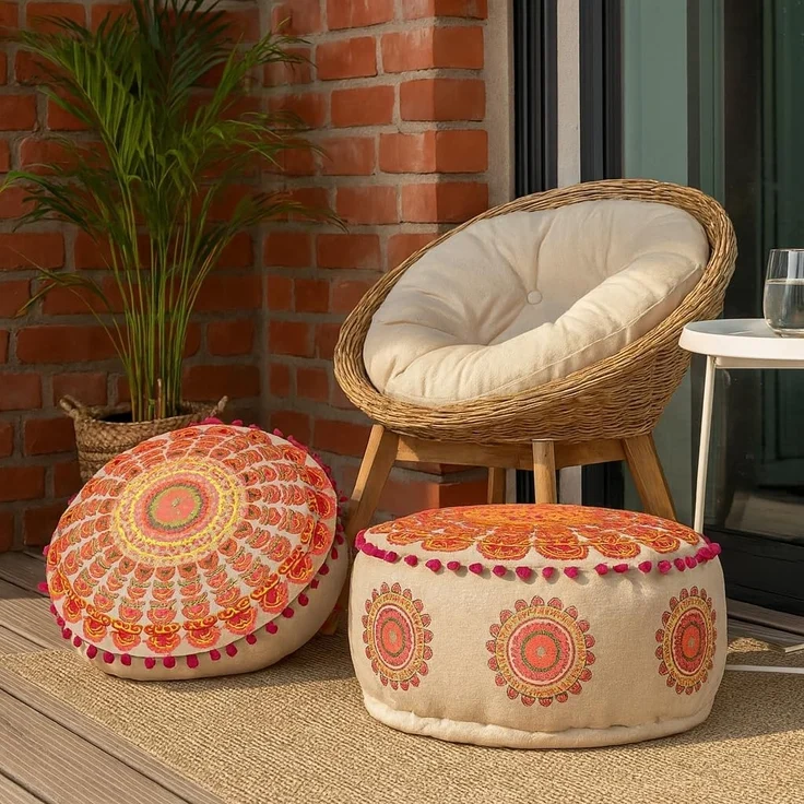 Marrakesch Orient & Mediterran Interior Pouf Pouf Garet Orange, runder Baumwoll-Sitzpouf bestickt 50x25 cm (1-St), Handarbeit – Bild 5