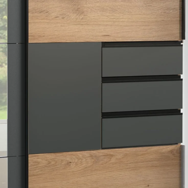 Schwebetürenschrank Kleiderschrank 270 cm Spiegel Schubladen Grafit Eiche Dekor – Bild 4
