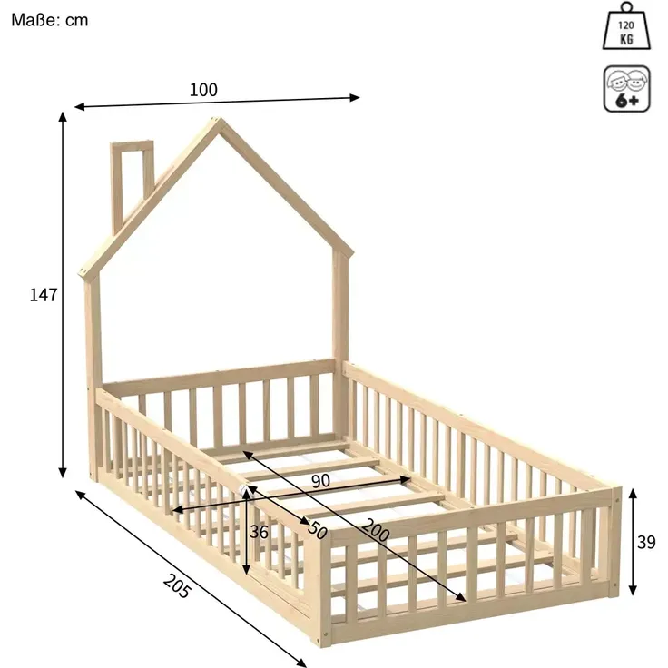 Hausbett mit Lattenrost und Rausfallschutz, 90x200 cm, Kinderbett, Jugendbett, Kiefer – Bild 4