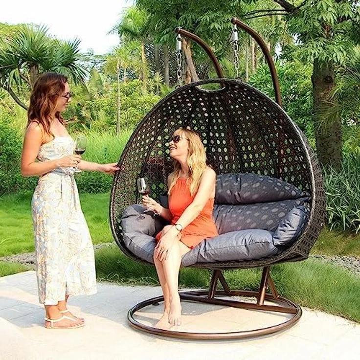 PureHaven Hängesessel für 2 Personen 145 x 120 x 202 cm Rattan-Kunststoffgeflecht mit Kissen wasserfest strapazierfähig gefederte Aufhängung braun/kupfer – Bild 2