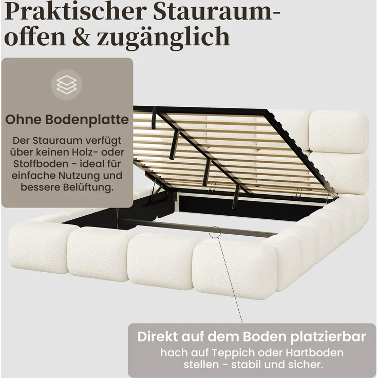 Gepolstertes Doppelbett, 160 x 200 cm, hydraulisch verstellbar, wolkenförmiges Bett, Stauraumbett, Bubble-Design, Lattenrost, mit Kopfteil und großem Stauraum, gepolstertes Kopfteil, weißer Schlingenveloursstoff. – Bild 8