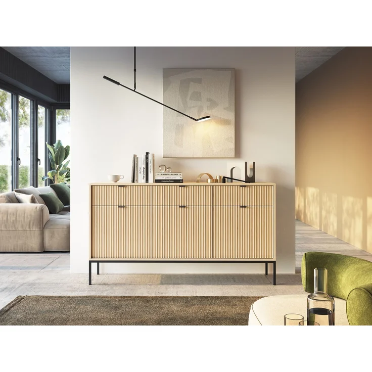 Selsey 'Vellore' Sideboard 3-türig, Holzoptik Eiche mit schwarzem Gestell, ca. 83 x 154 x 39 cm – Bild 2
