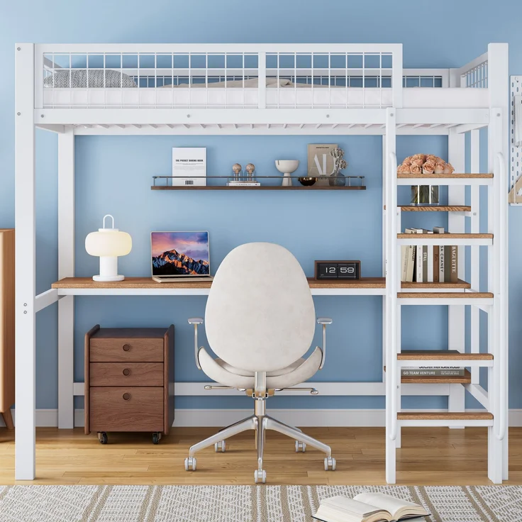 Etagenbett 90×200 cm mit Rausfallschutz, Schreibtisch und Regalen, Weiß/Natur, ohne Matratze – Bild 3