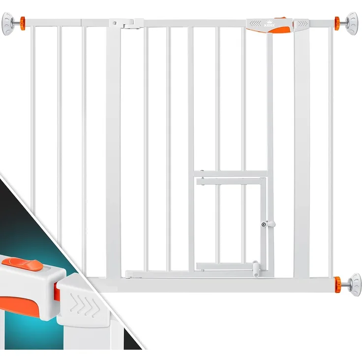 KIDIZ® Absperrgitter zum Klemmen mit Katzenklappe, Türschutzgitter, Autoclose Kinder Treppengitter ohne Bohren | 90° Stopp Schutz, schwenkbar, Treppenschutzgitter Orange, 88 - 94 cm