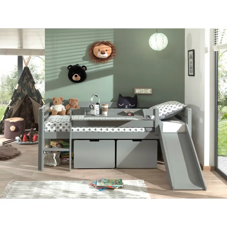 Kojen-Spielbett mit Liegefläche 90x200 cm, inkl. Leiter, Regal, Rutsche, Rolllattenrost und 2 Schubkästen, Kiefer und MDF grau lackiert, max. Belastbarkeit 100 kg