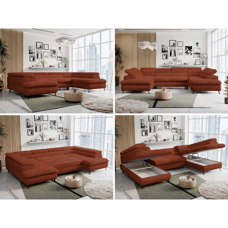 Ecksofa U-Form, mit Bettkasten, Bettfunktion und Einstellbare Kopfstützen, Sofa big XXL - PETER U - Orange Plüsch - Topper T25 – Bild 2
