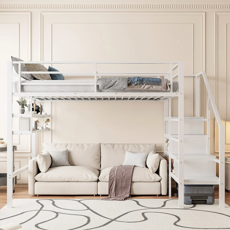 Hochbett mit Lattenrost, 140x200 cm, Metallbett mit Rausfallschutz, Regal, Treppe, Jugendbett, Kinderbett – Bild 2