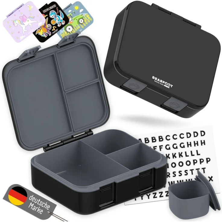 BEARFOOT Bento Box COMPACT Kinder Brotdose (Schwarz, 1.000 ml) | BPA-frei, auslaufsichere Lunchbox mit Fächern, für Schule & Kindergarten, für Mädchen & Jungen, leicht & kompakt