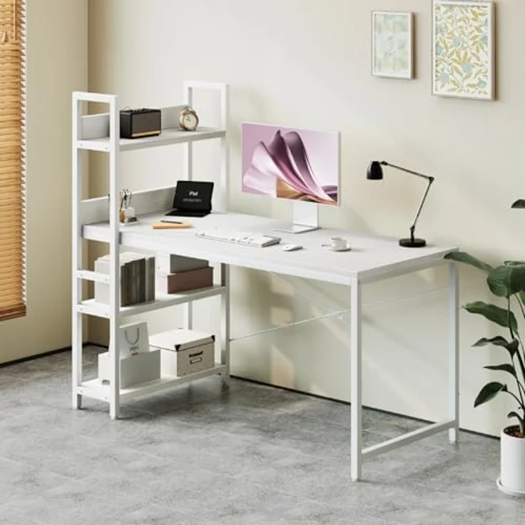 Sweetcrispy Schreibtisch mit Seitlichem Regal & Verstellbaren Füßen, 120 cm breiter Bürotisch, Starker Computertisch mit Ablagefläche, Einfacher Montage, Weiß – Bild 3