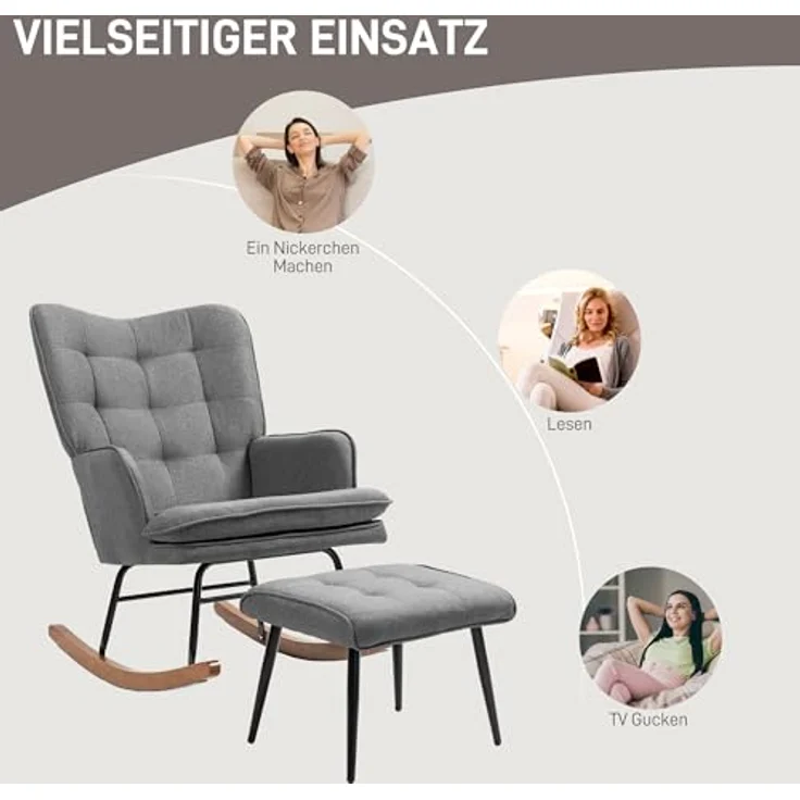 HOMCOM Schaukelsessel mit Hocker, Relaxsessel mit Leinenoptik (Armlehnsessel, 2-St, Schwingsessel), für Wohnzimmer, Schlafzimmer, Schwarz+Dunkelgrau – Bild 7